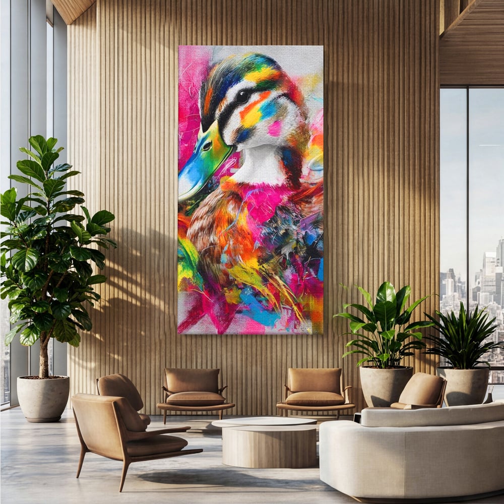 Tablou canvas cu tablou canvas cu rata colorata, fara rama, pe sasiu de lemn, pe perete intr-un birou